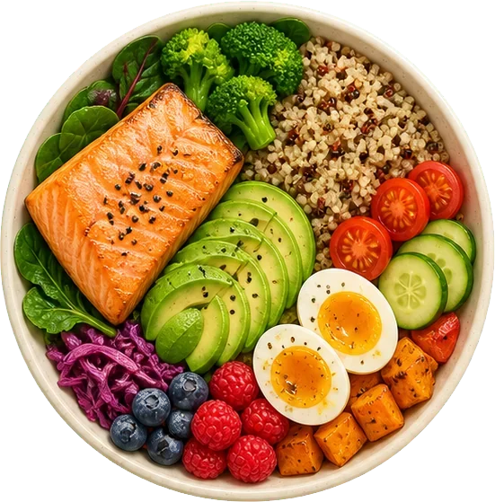 A salmon, quinoa, avocado and egg bowl being scanned for calories