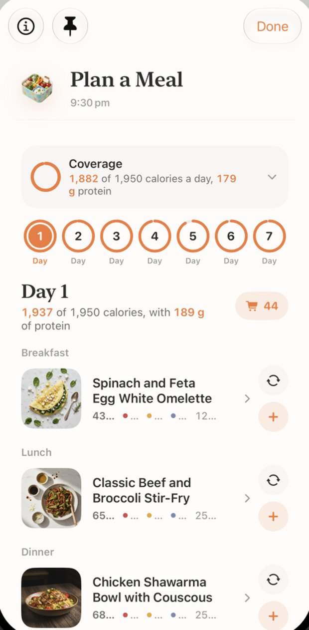 EXO 7 day meal plan hitting 1,937 of 1,950 calories with 189 g protein
