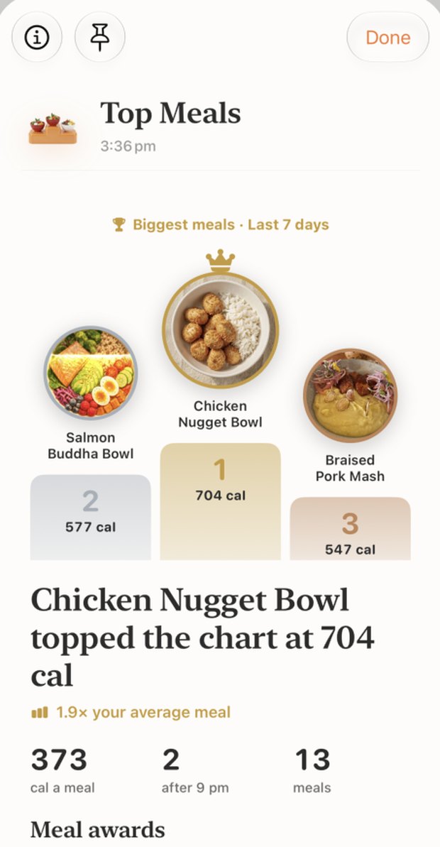 EXO top meals podium for the last 7 days with calories per meal