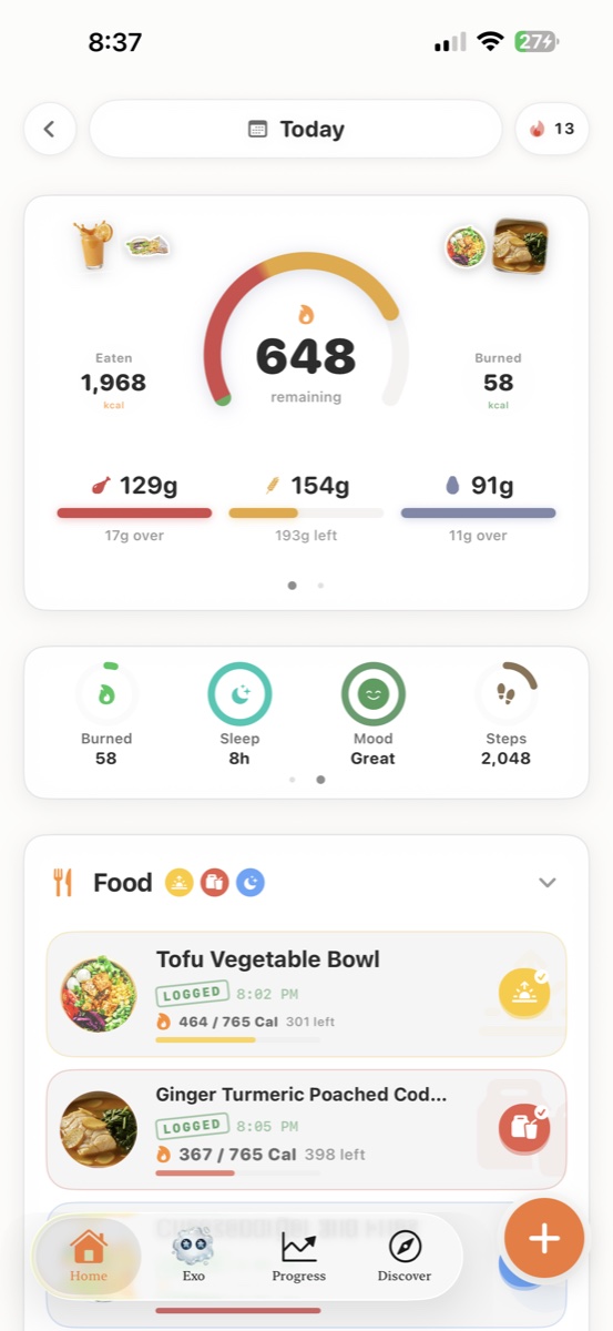 EXO daily dashboard with calories, protocols, and nutrition